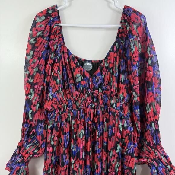 Arula New Black Floral Pleated Mini Dress 1X Long Balloon Sleeve Ruffle Cuffs - Picture 2 of 15